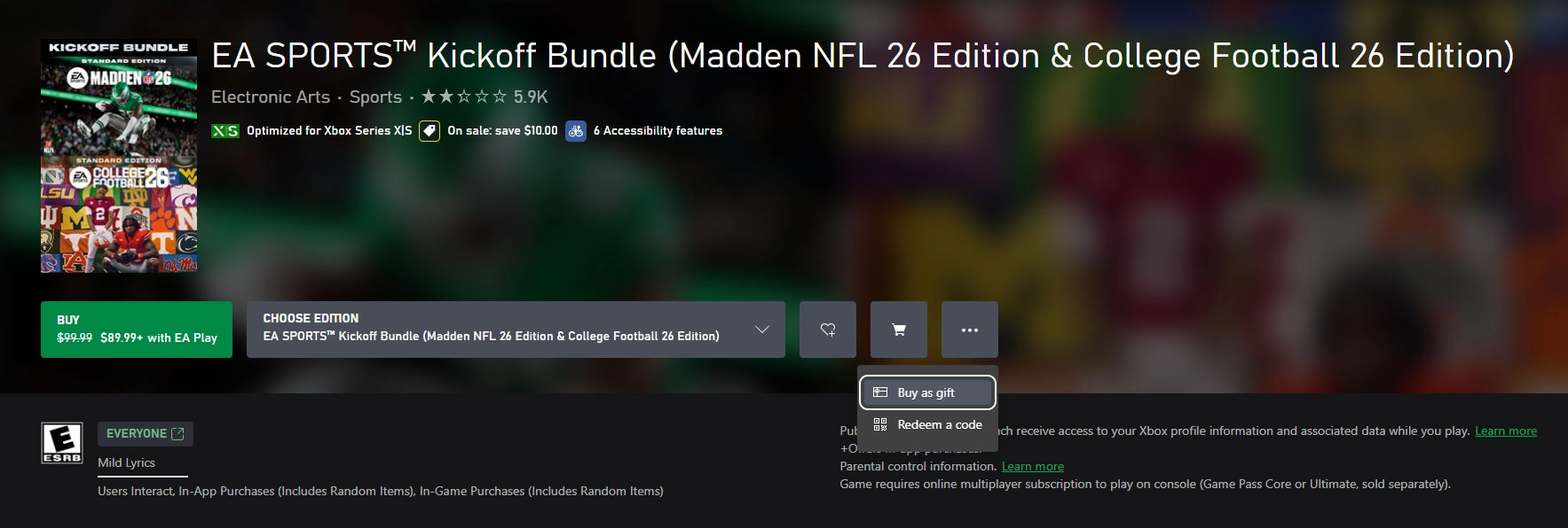 Digital game gifting on Xbox: EA SPORTS Kickoff Bundle shown with buy and gift options highlighted for easy selection.
