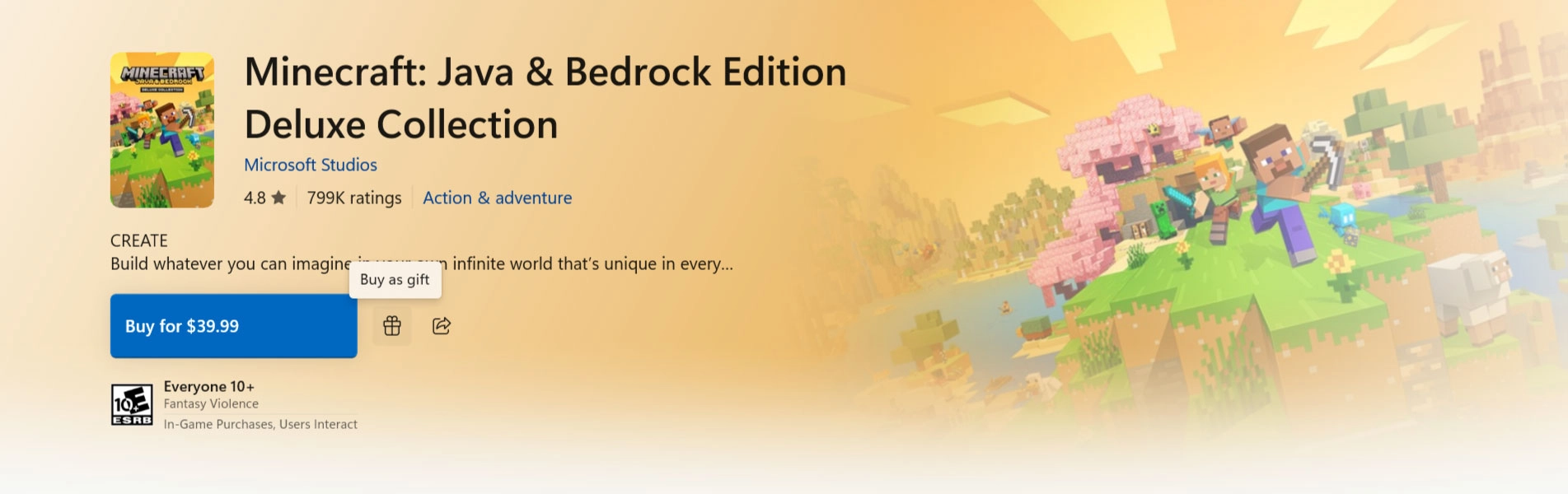 Alt text: "Gifting Minecraft: Java & Bedrock Edition on Microsoft Store, showcasing the