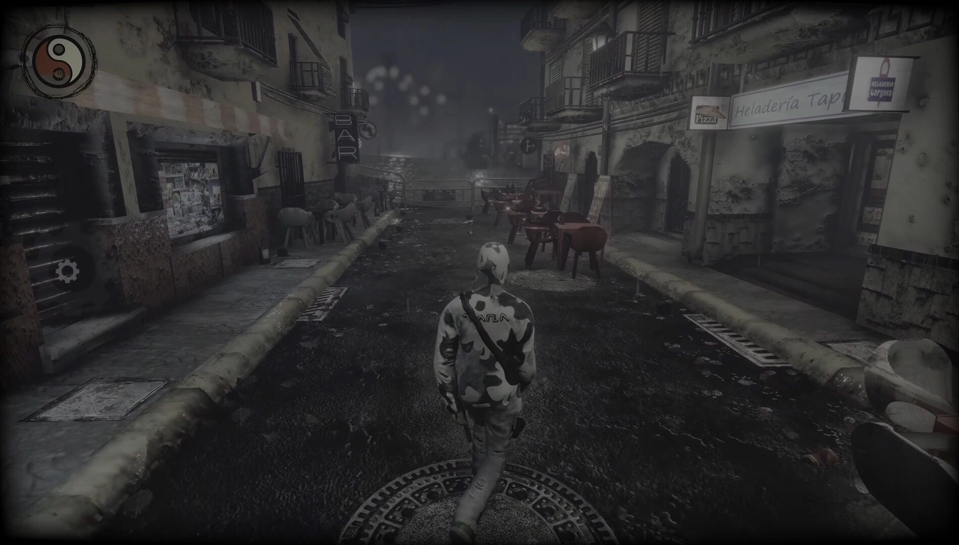 Protagonist explores a dark, abandoned street in Injection π23 Tabula Rasa, evoking a sense of nostalgia and unease.