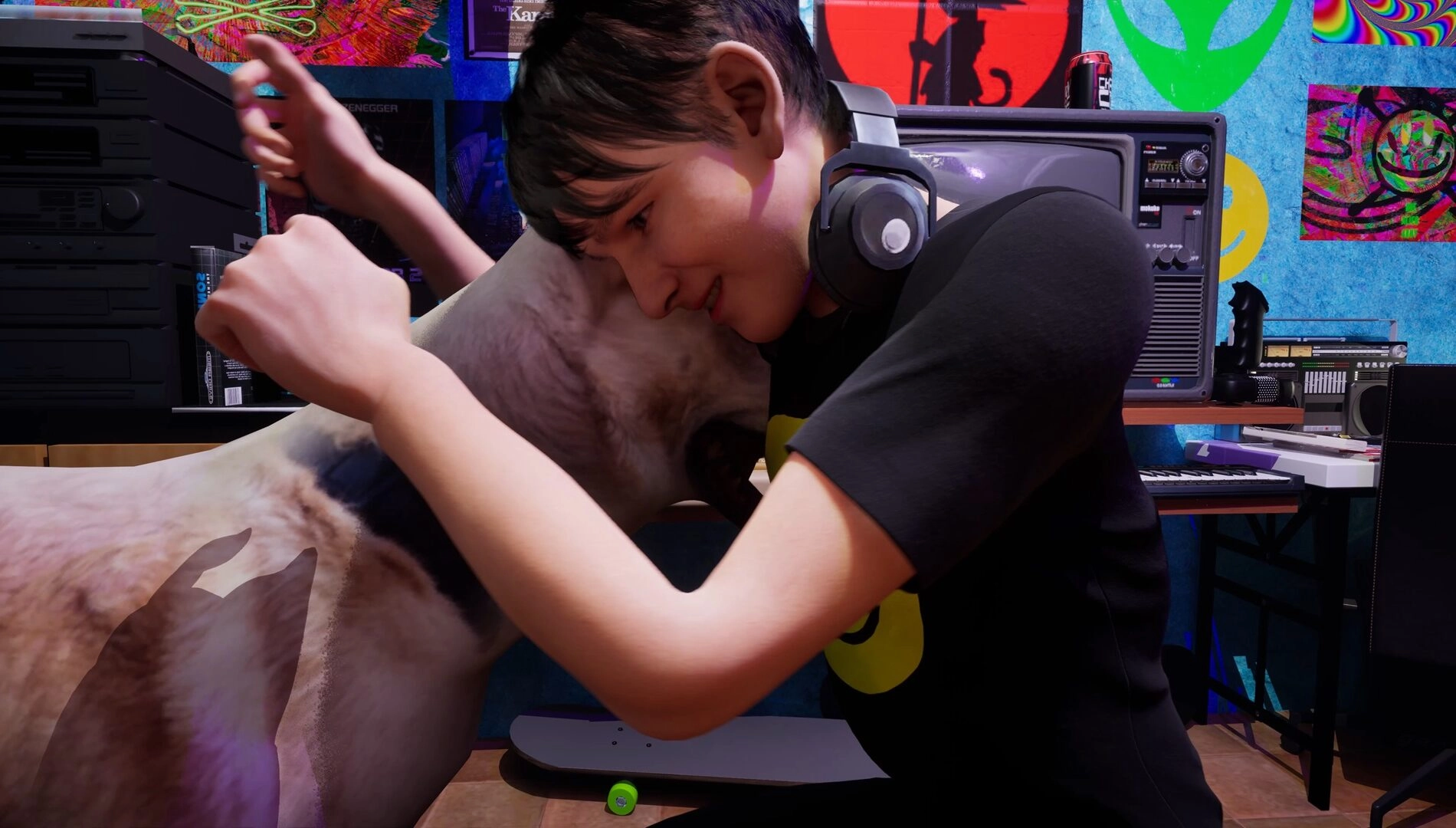 A child embraces a dog in a cozy, colorful room, showcasing their emotional bond and warmth in an intimate moment.