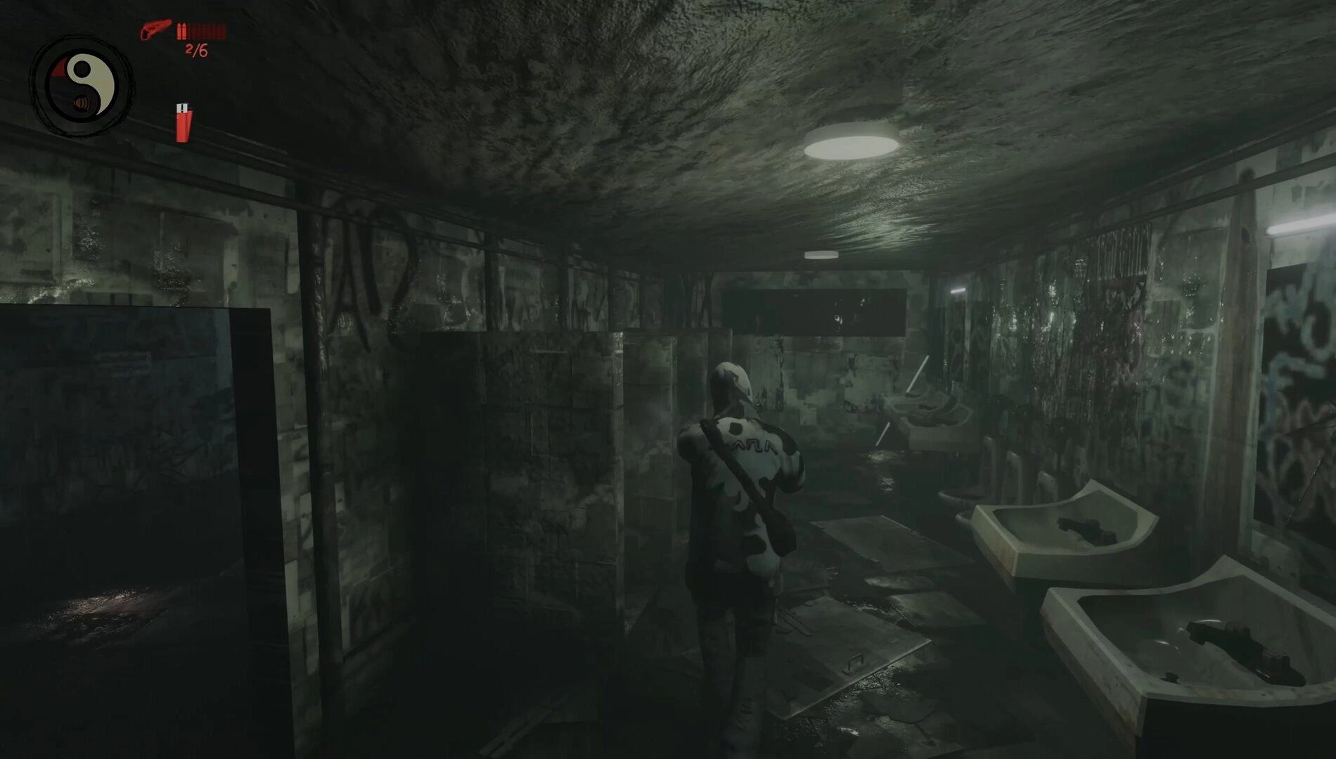 A eerie, atmospheric survival horror scene in a grimy setting, showcasing exploration and emotional depth.