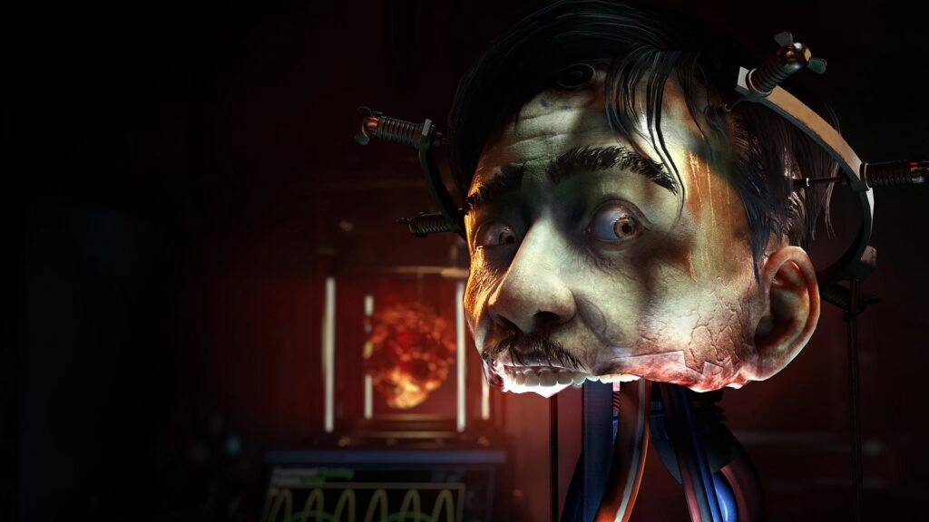 Surreal character head with wires, hinting at mystery in the sci-fi horror game Ontos, set in a repurposed moon hotel.