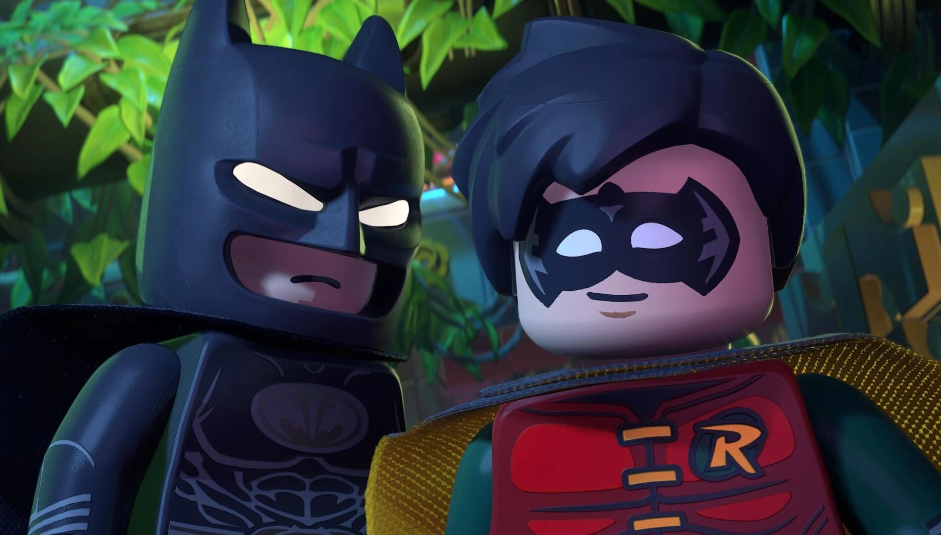 LEGO Batman and Robin characters in a vibrant, animated garden setting, promoting the upcoming game release.