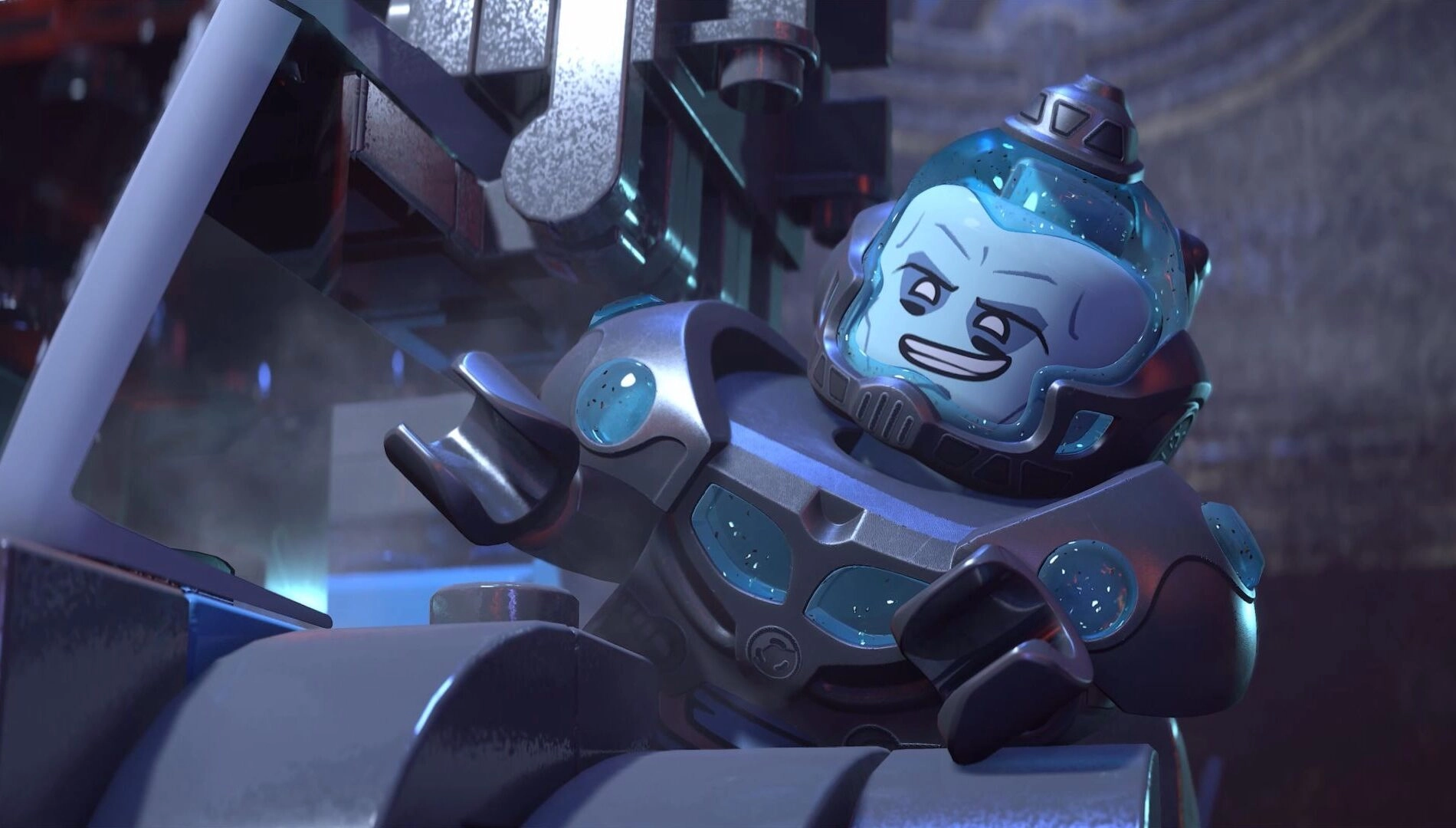 LEGO Batman: Legacy of the Dark Knight features a smiling villain in a futuristic suit, showcasing iconic LEGO style.