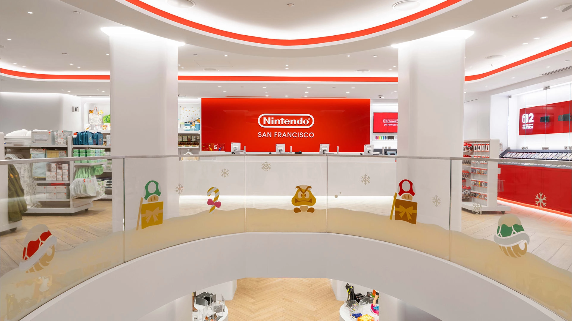 Festive Nintendo Store in San Francisco showcasing holiday merchandise and cheerful decor for the winter season.