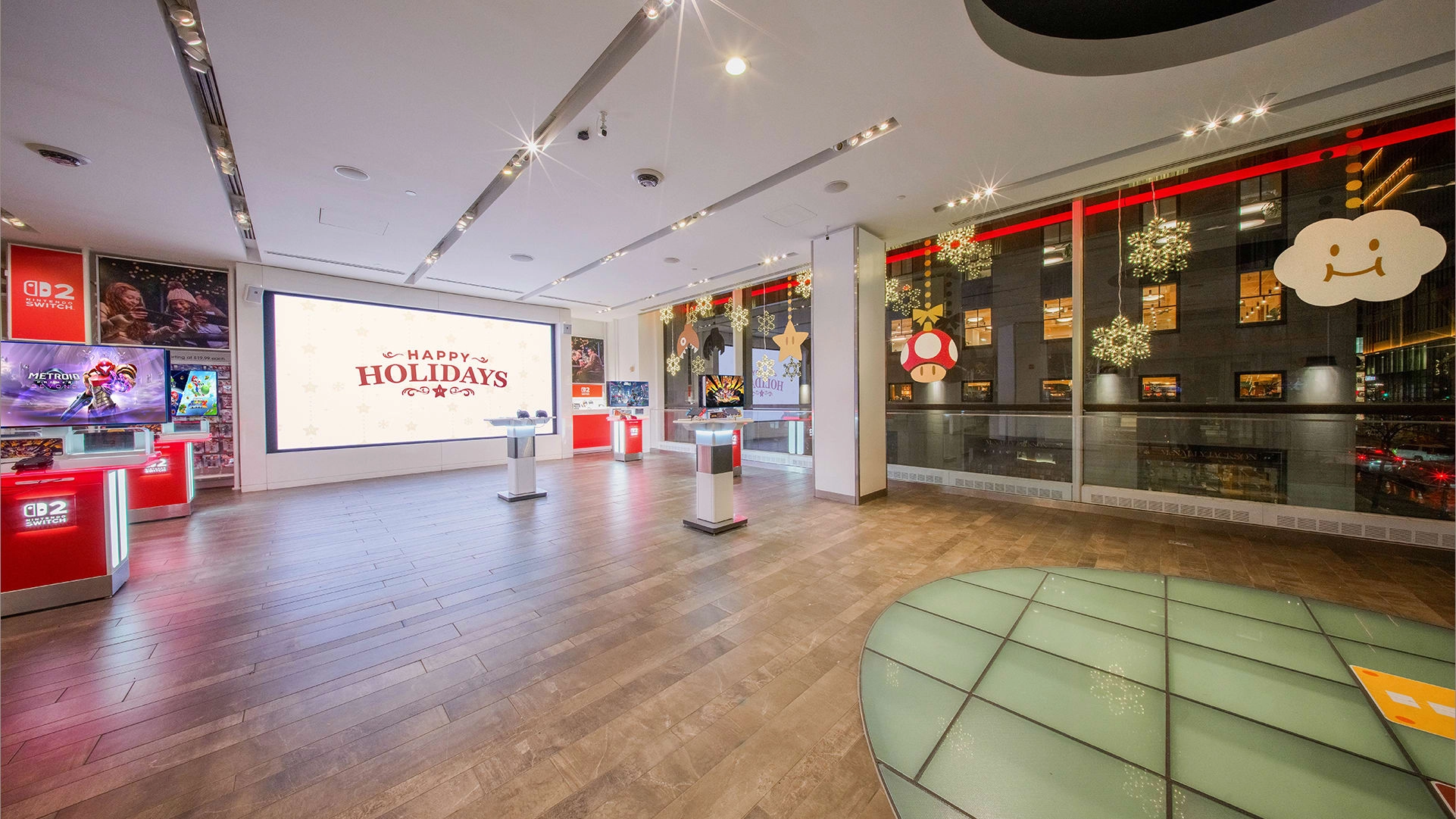 Festive Nintendo store display in San Francisco, showcasing holiday merchandise and seasonal decorations for shoppers.