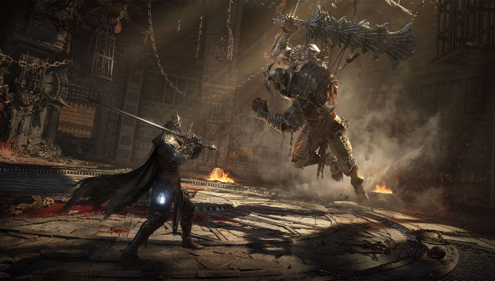Epic combat scene in Lords of the Fallen II: Dark Crusader battles Ashen Skin Stealer boss in a dark, ominous setting.