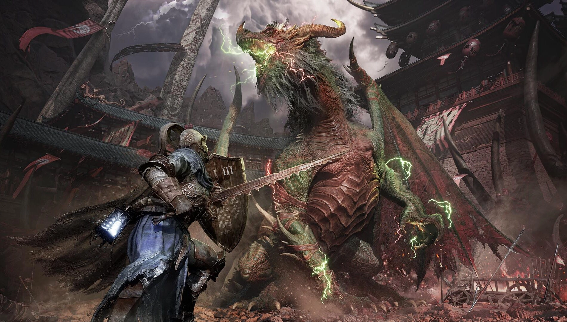 Gameplay from Lords of the Fallen II showing a warrior facing a colossal dragon boss in a dark fantasy setting.