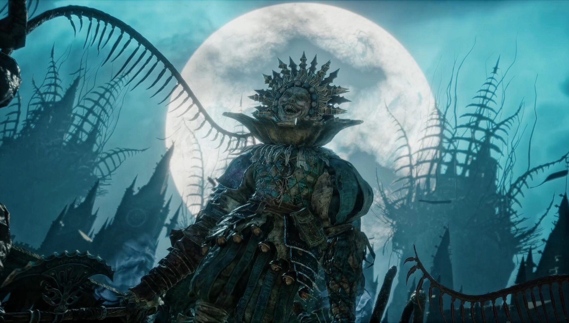 A menacing boss character from Lords of the Fallen II stands under a glowing moon, showcasing dark fantasy elements.