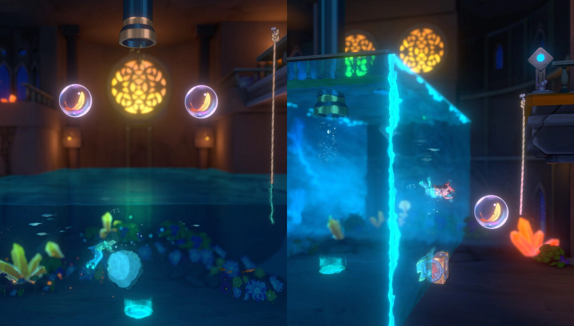 Discover fluid physics in Lost Twins 2: new puzzles, water mechanics, and haptic feedback enhance gameplay.