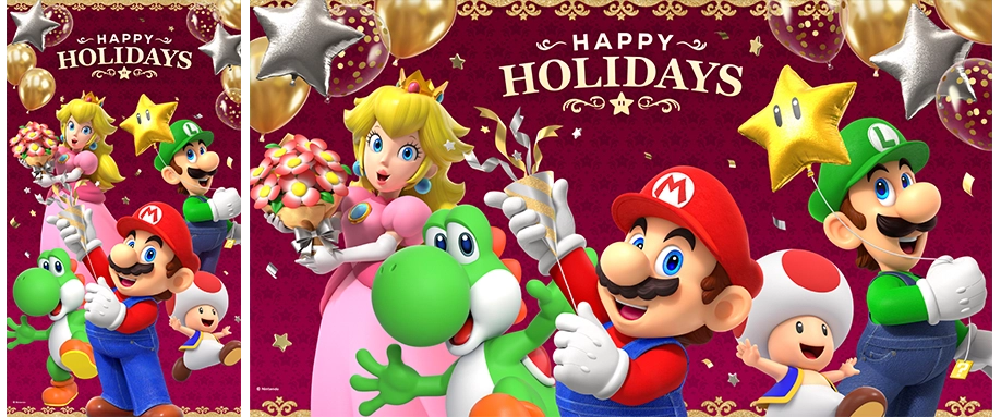 Happy Holidays from My Nintendo featuring Mario, Yoshi, and friends, celebrating the festive season together.