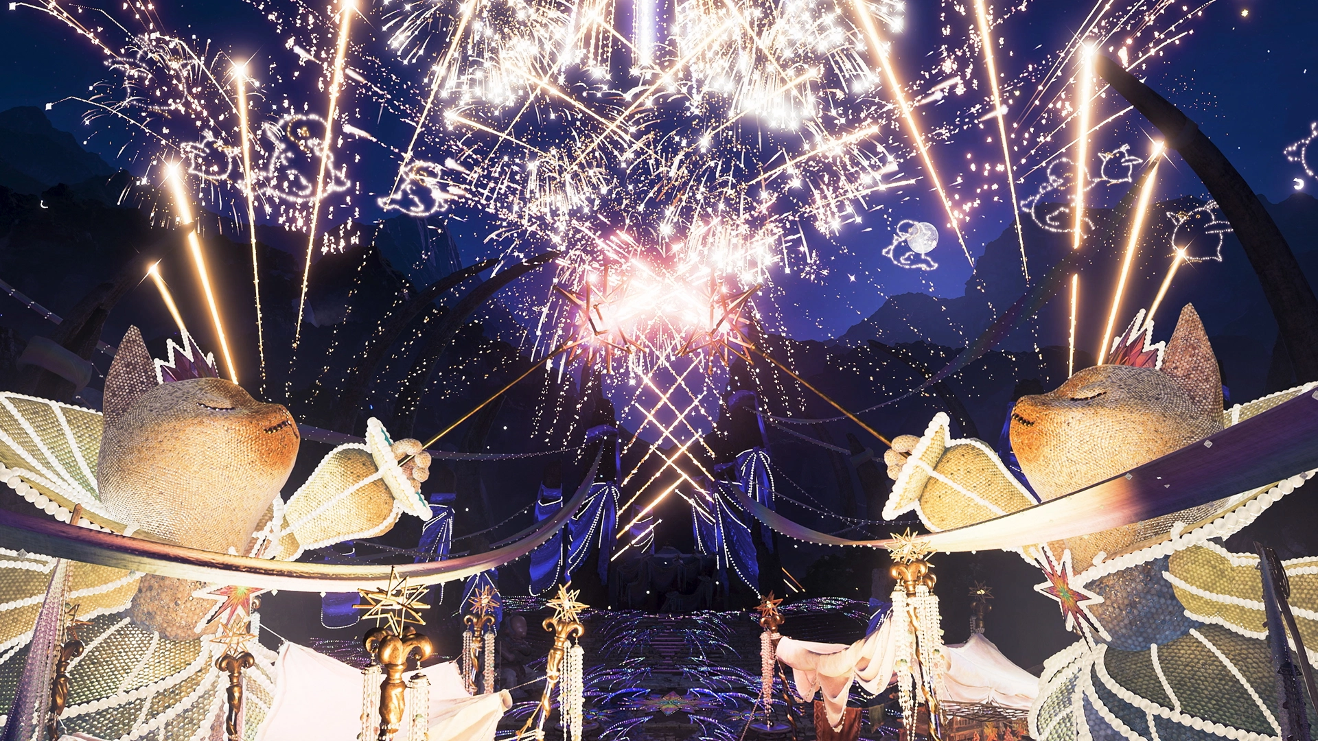 Fireworks illuminate a festive scene with charming creatures celebrating the Monster Hunter Stories 3 showcase event.