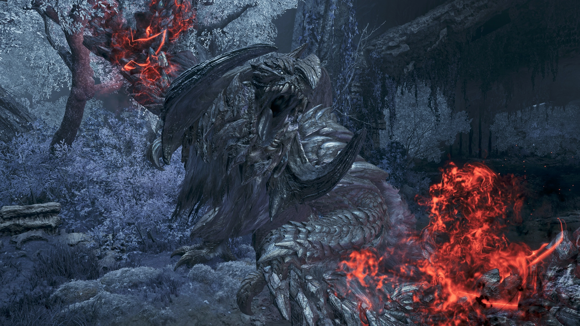 Epic battle scene featuring Gogmazios, the towering Elder Dragon from Monster Hunter Wilds, showcasing intense gameplay.