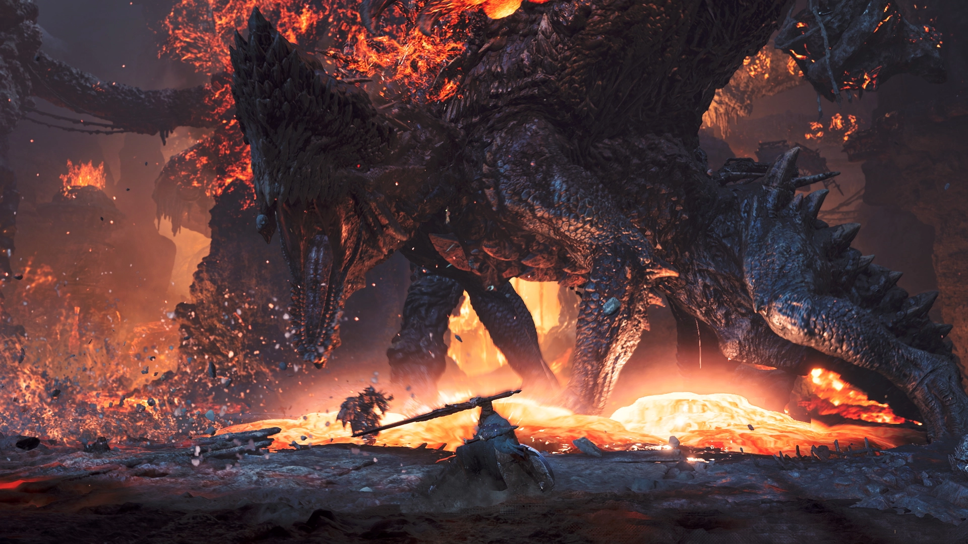 Epic battle scene showcasing a gigantic Elder Dragon in a volcanic landscape, highlighting intense action in Monster Hunter.