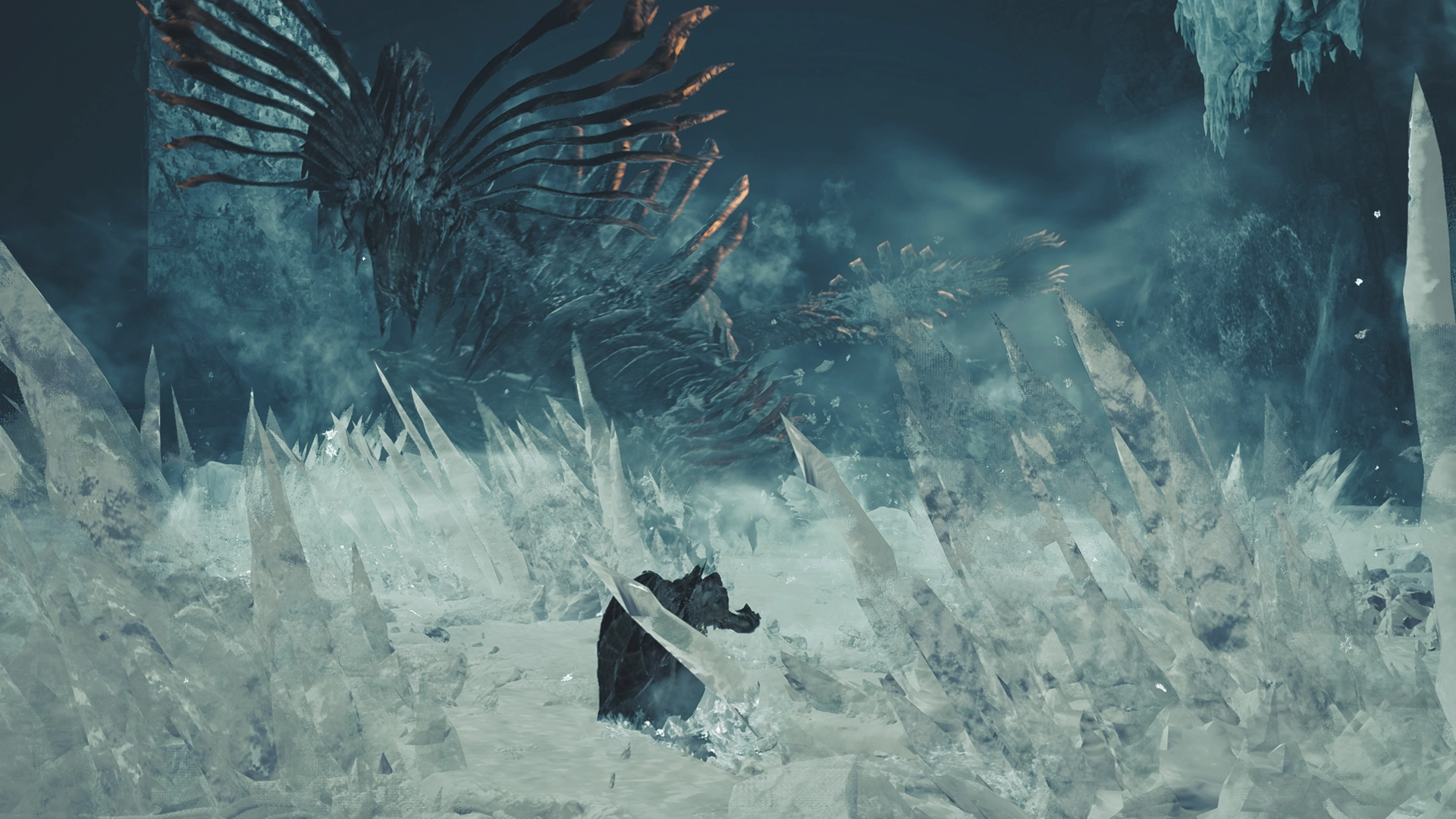 A fierce Elder Dragon looms in an icy landscape, showcasing intense battles in Monster Hunter Stories 3: Twisted Reflection.