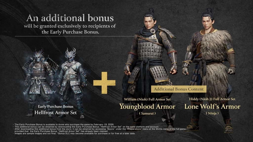 Nioh 3 early purchase bonus: Youngblood and Lone Wolf armor sets for samurai and ninja enthusiasts, plus Hellfrost set.