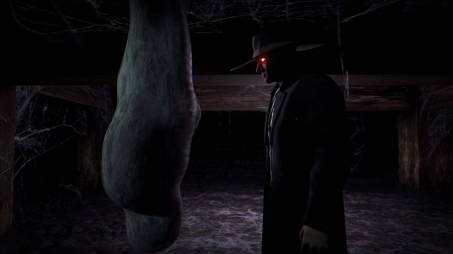 A sinister character examines a spooky, hanging figure in a dark, cobweb-filled environment, showcasing horror game aesthe...