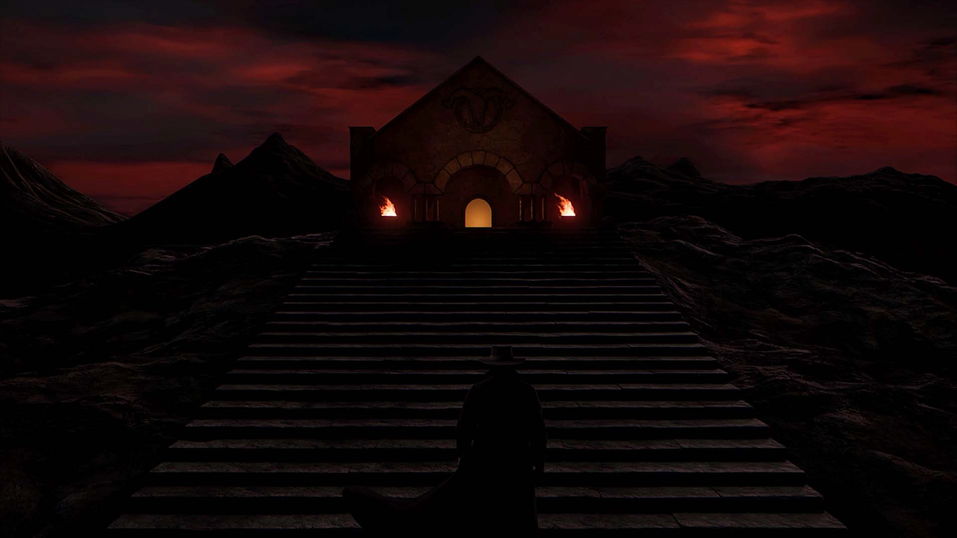 Creepy dark landscape with a temple, evoking horror themes from Blood: Refreshed Supply—definitive FPS remaster of 1997 cl...