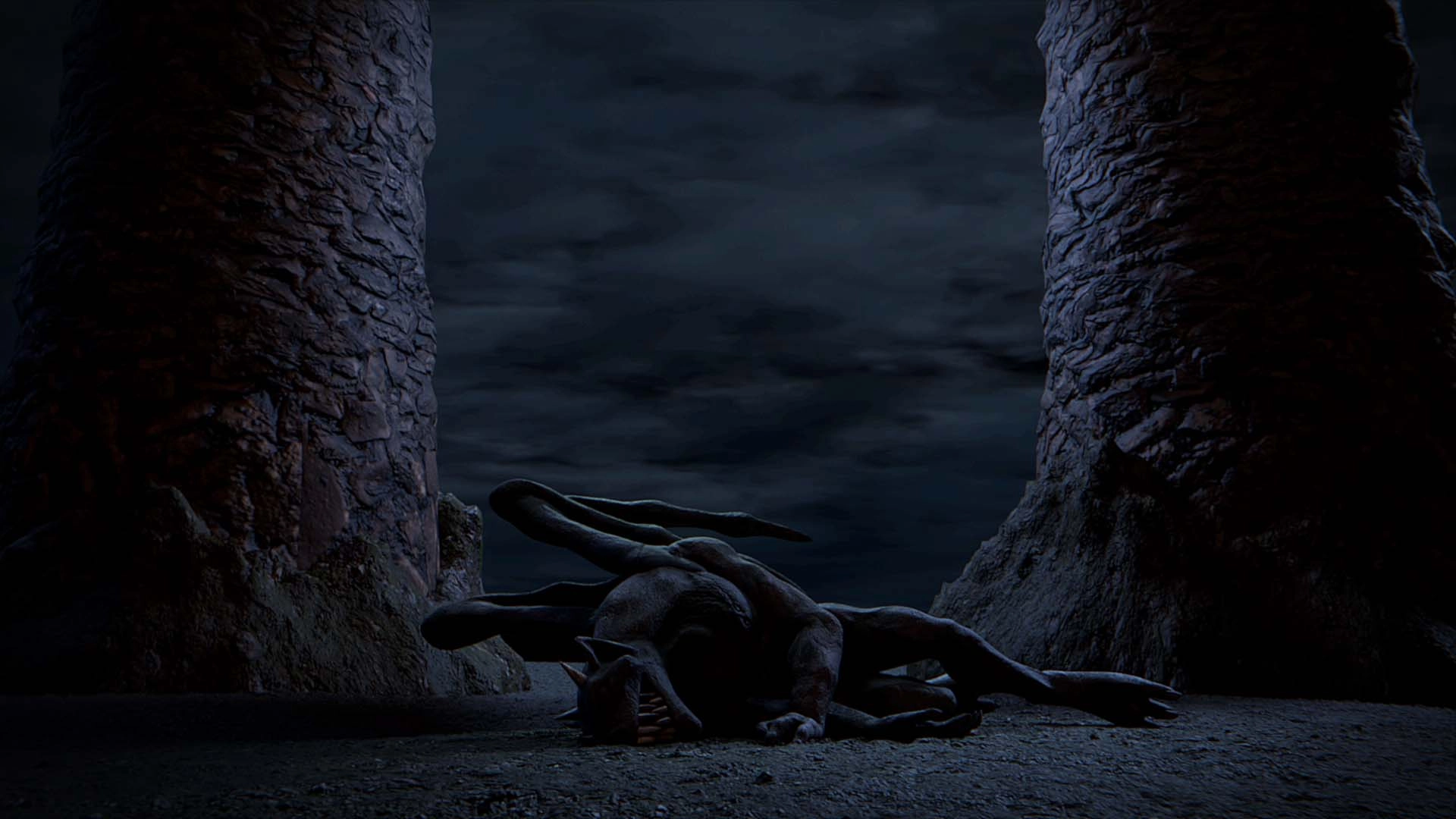 A dark, atmospheric scene featuring a grotesque creature lying on the ground, evoking horror and intrigue in a game setting.