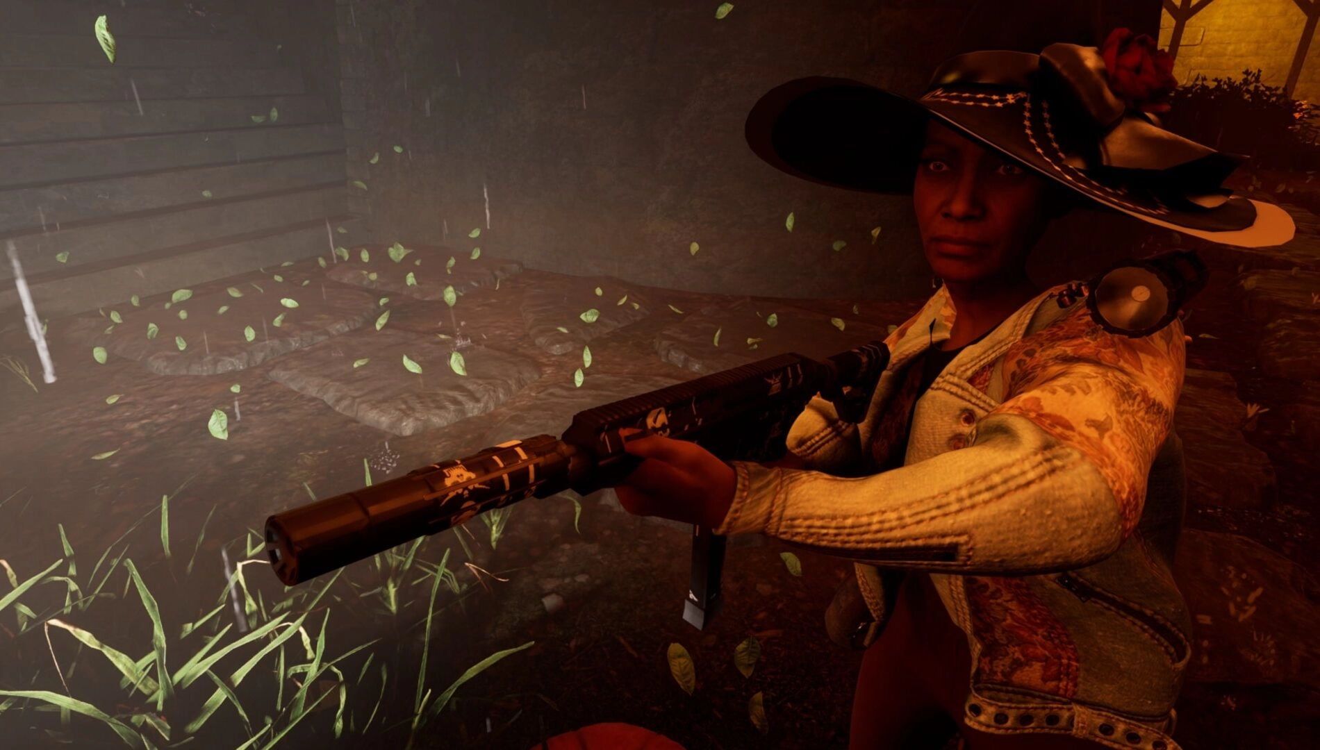 A fierce character armed with a rifle, ready for action in a spooky, overgrown setting, promoting Outbreak: Shades of Horror.