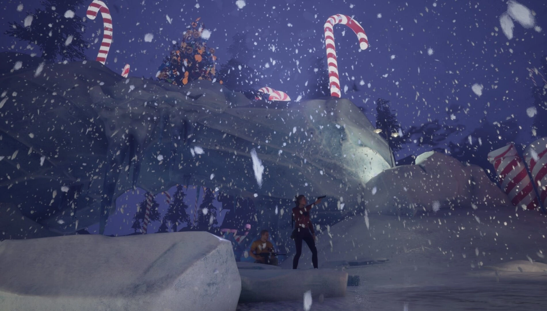 Scene from Outbreak: Shades of Horror showcasing a snowy landscape with festive decor and characters in a winter wonderland.