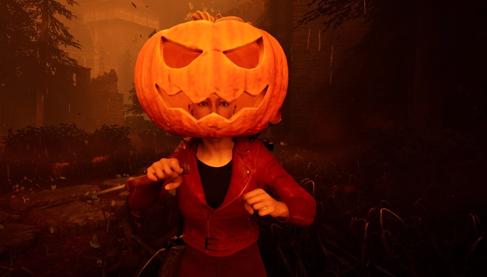 Character with a carved pumpkin head explores a spooky Halloween setting in Outbreak: Shades of Horror launch.