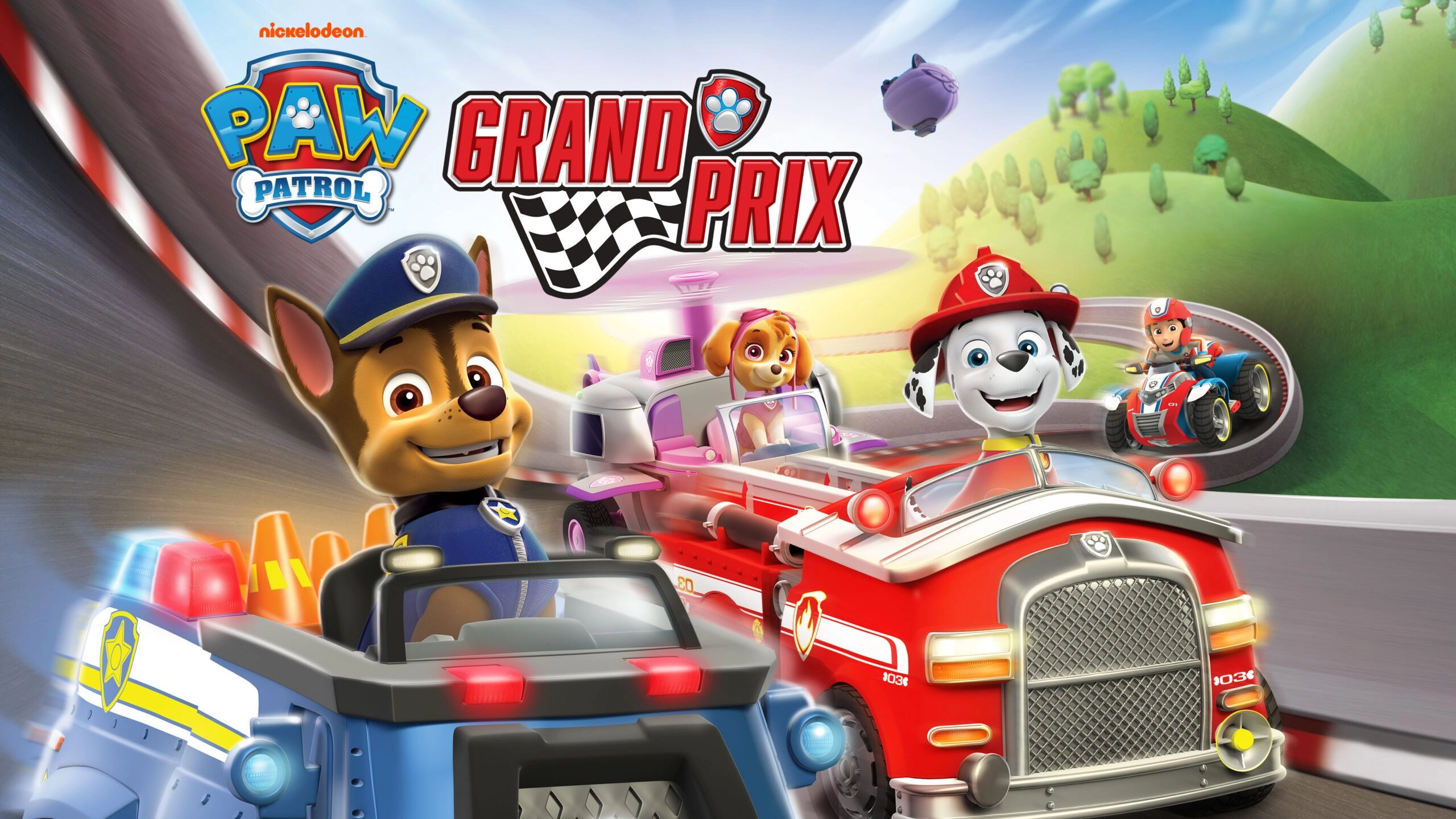 Image of playful characters from Paw Patrol in a bright racing scene, promoting fun and adventure in Paw Patrol: Grand Pri...