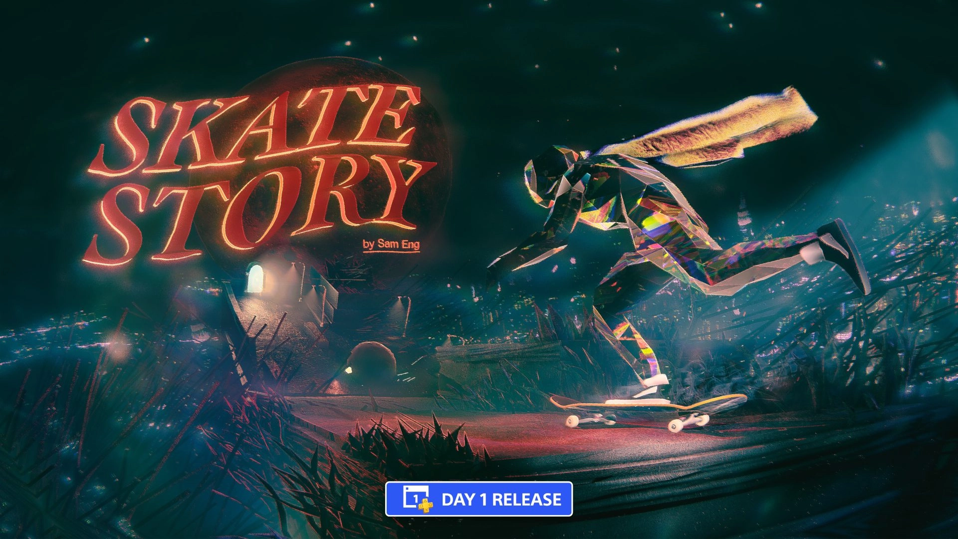 Skate Story gameplay promo featuring a colorful skater in a vibrant, surreal environment with the title prominently displa...