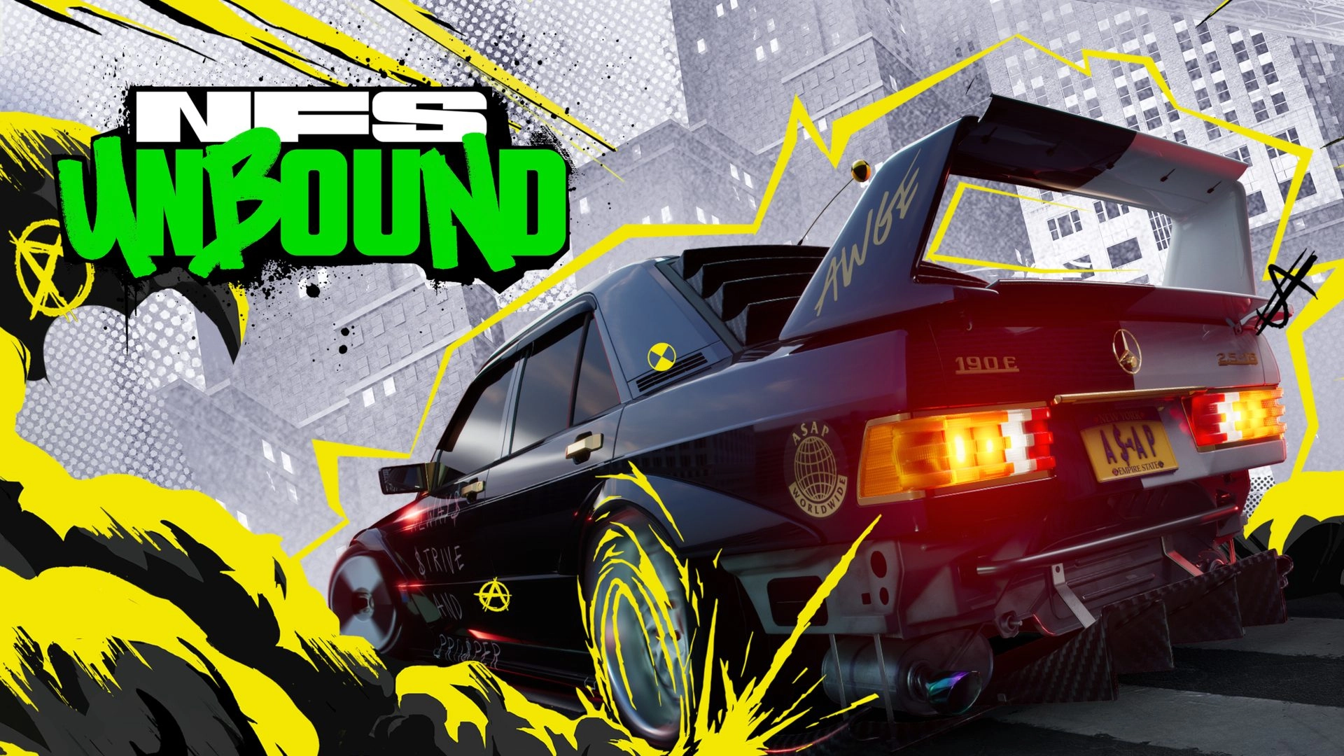Need for Speed Unbound artwork featuring a sleek black car with vibrant graphics, highlighting thrilling racing action.