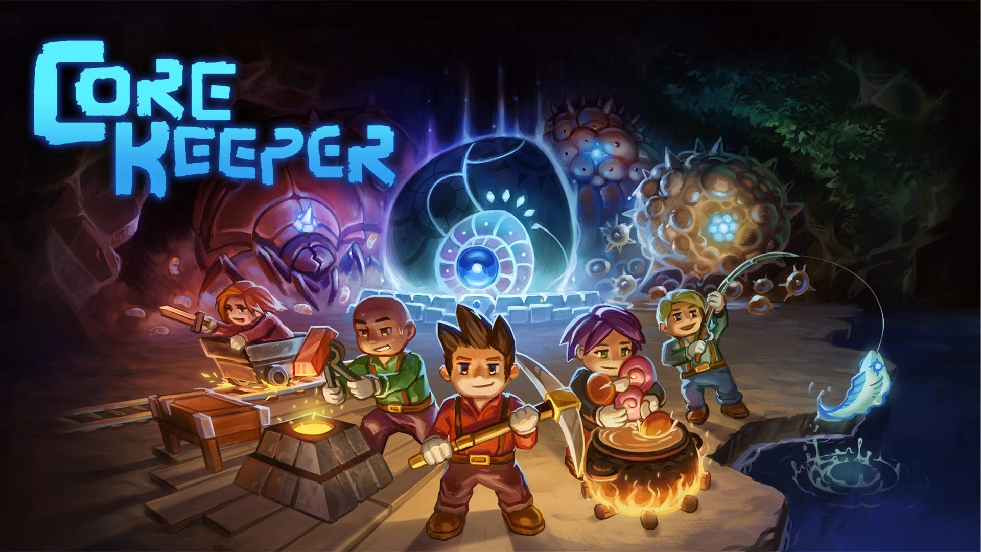 Artistic scene from Core Keeper: explore a vibrant cavern filled with secrets and teamwork in this adventure-driven game.