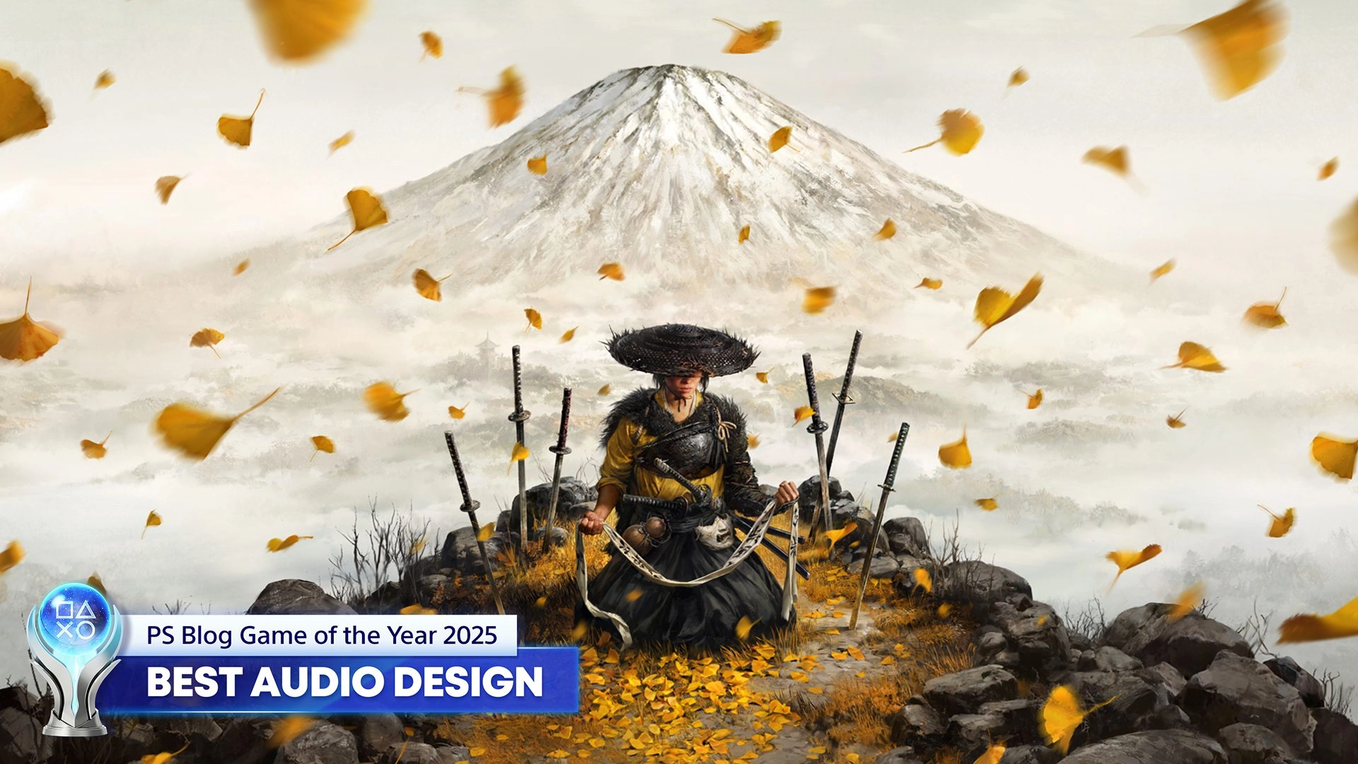 Stunning artwork for PlayStation Blog Game of the Year 2025, showcasing Best Audio Design with a serene samurai scene.