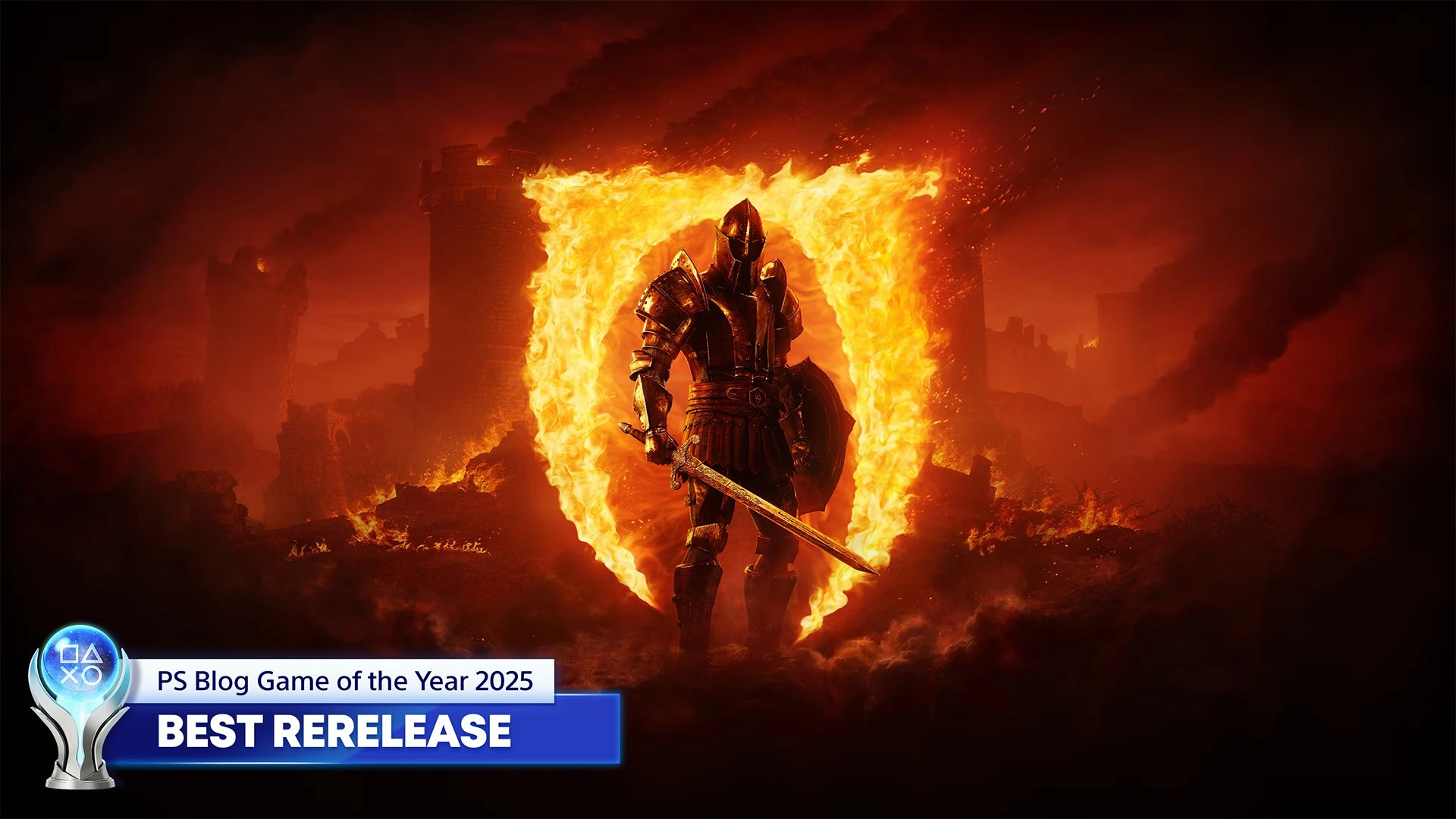 PlayStation Blog Game of the Year 2025: Best Rerelease winner showcased with a fiery knight in a dramatic backdrop.