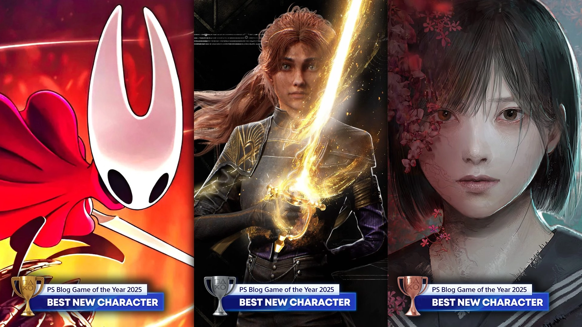 PlayStation Blog Game of the Year 2025 nominees for Best New Character: Atsu, Hornet, Maelle, and Hinako.