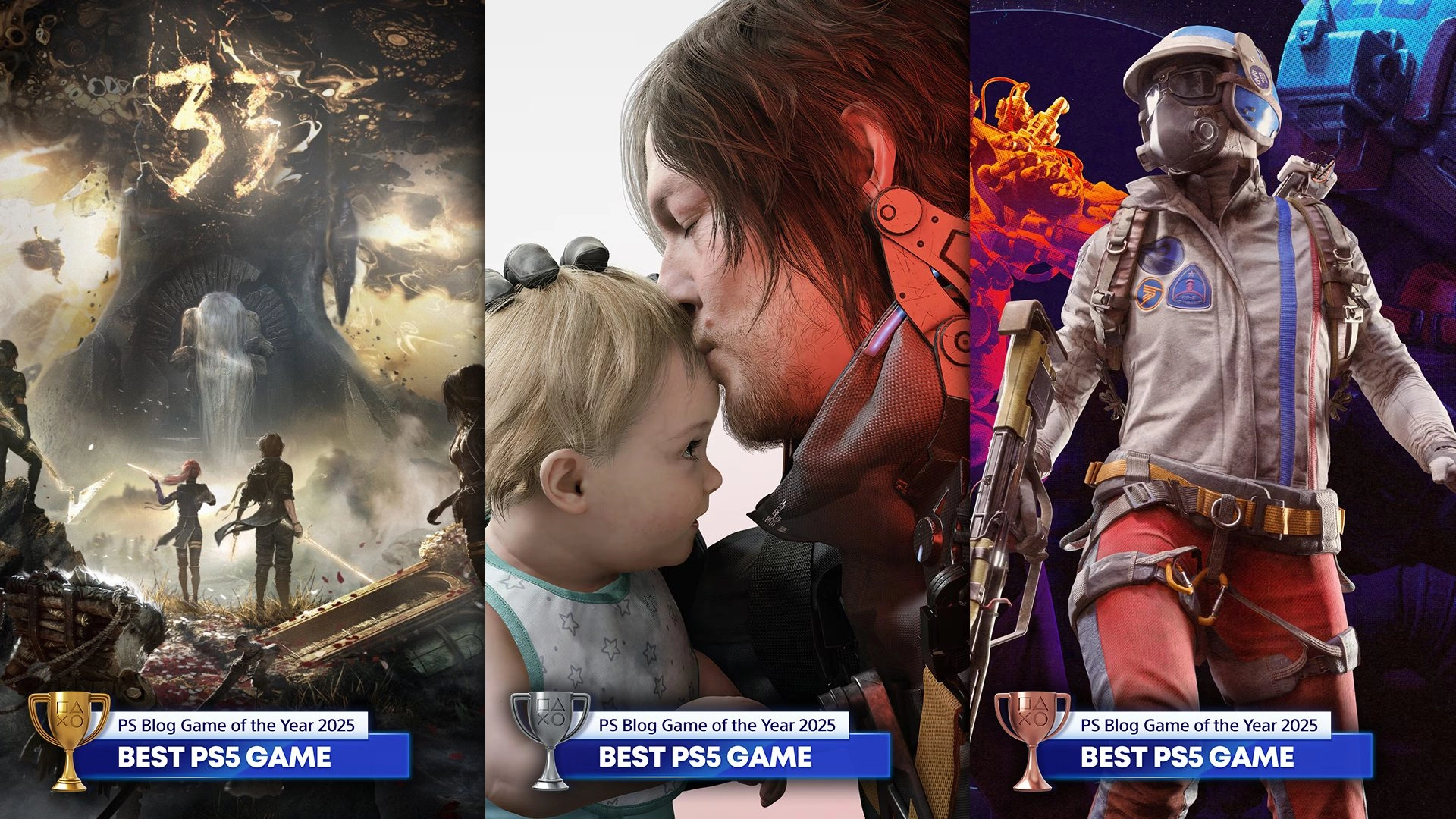 PlayStation Blog Game of the Year 2025: Best PS5 game winners featuring iconic characters and award trophies.