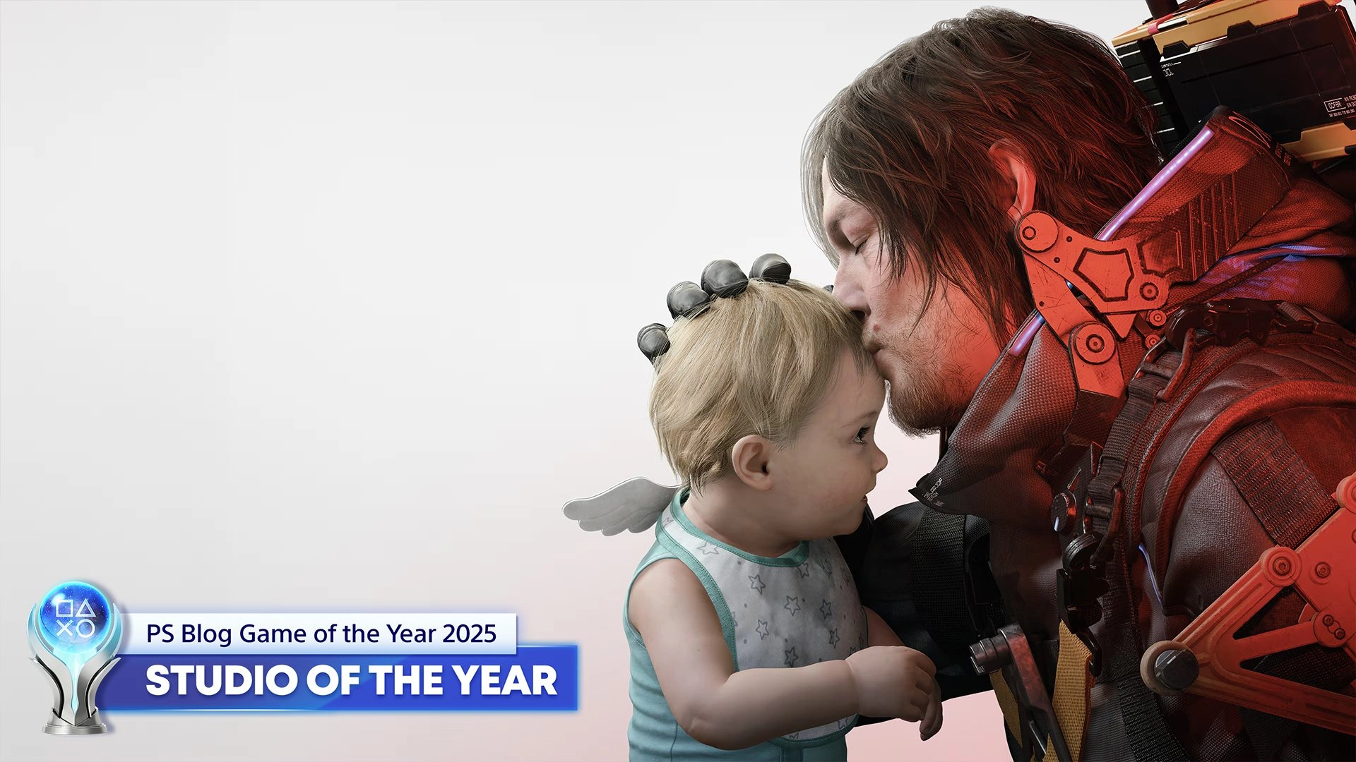 PlayStation Blog Game of the Year 2025 logo features a character embracing a child, celebrating iconic gaming moments.