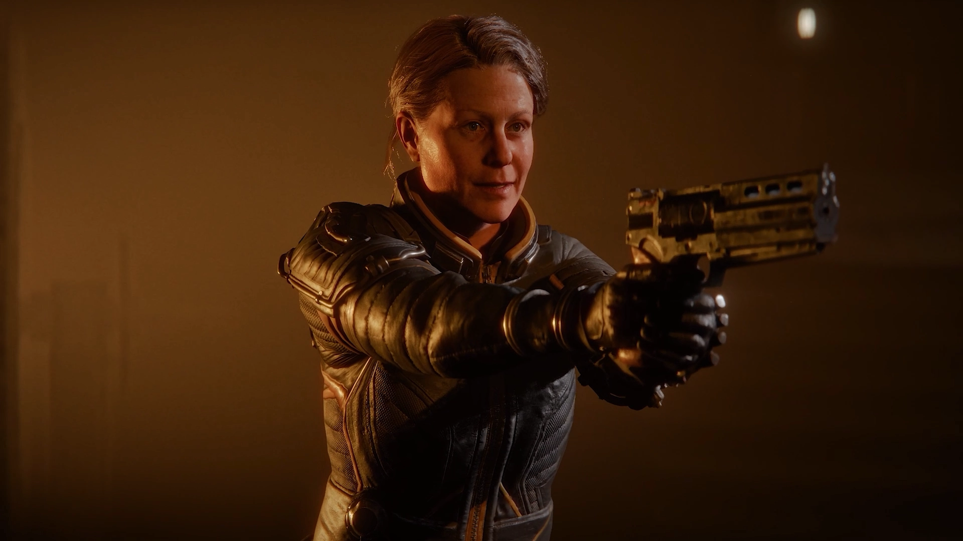 A character from Saros, wielding a gun, showcases the emotional depth and tension of the game