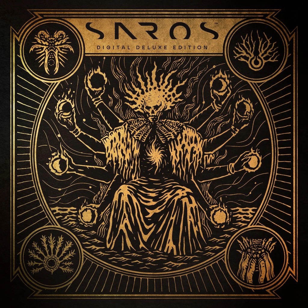 Saros Digital Deluxe Edition artwork featuring intricate designs and a haunting character illustration.