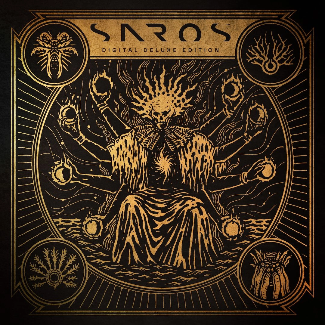 Saros Digital Deluxe Edition artwork featuring intricate designs and a mysterious figure, highlighting the game