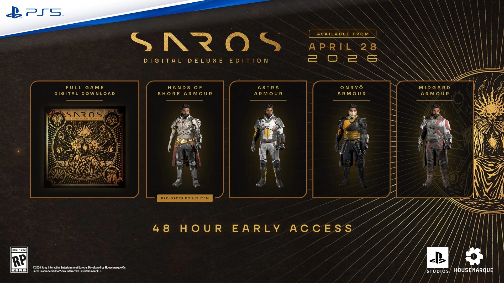 Saros Digital Deluxe Edition for PS5, featuring armor sets and pre-order details, launching April 28, 2026.