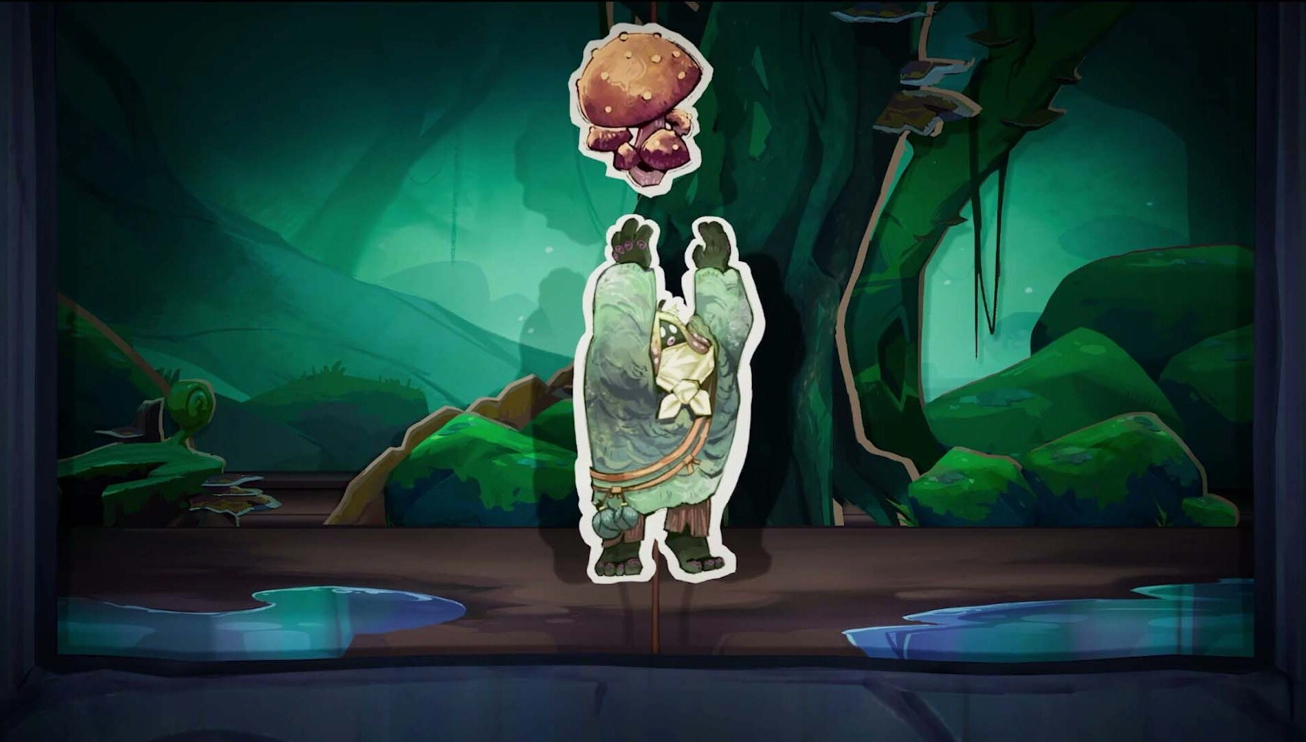 Character from Beastro holding a mushroom in a lush, vibrant environment, showcasing the game