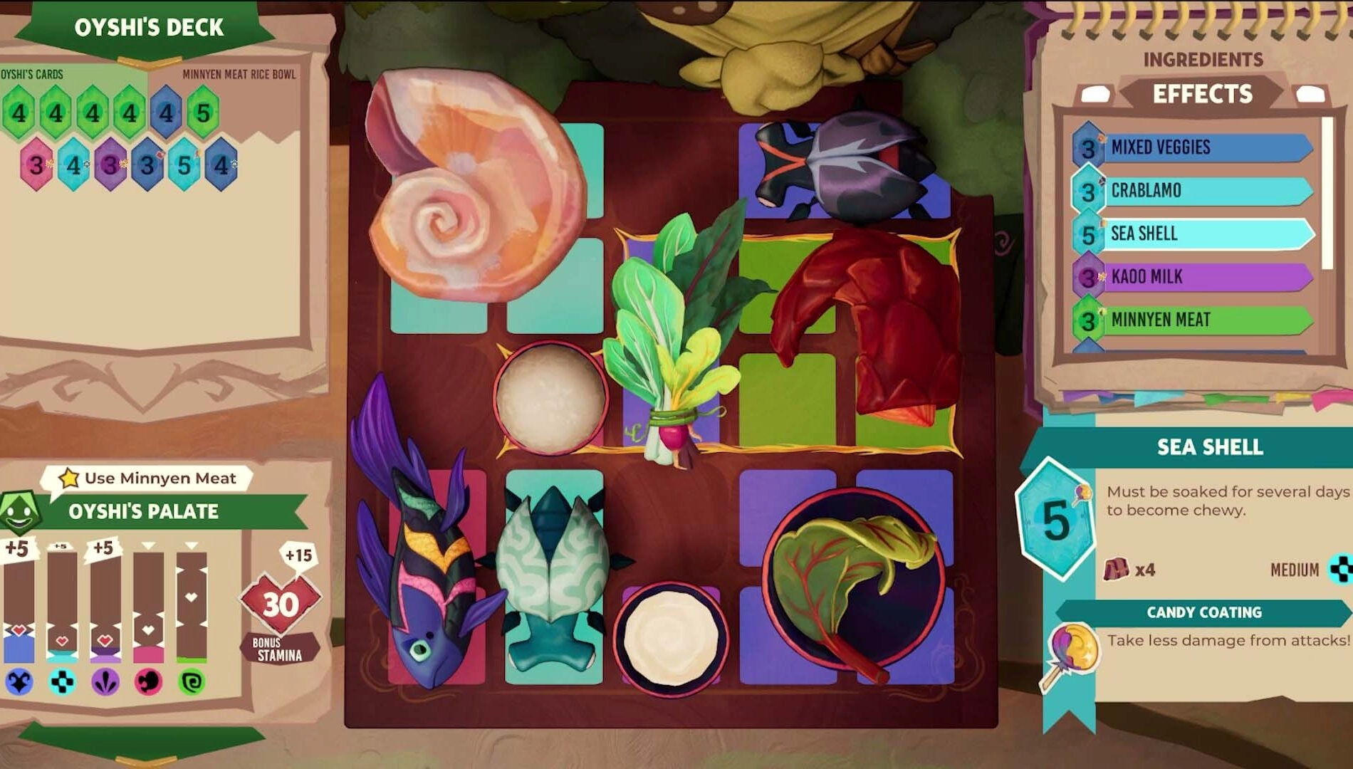 Gameplay screenshot from Beastro showcasing a colorful ingredient deck and cooking mechanics in a fantasy setting.