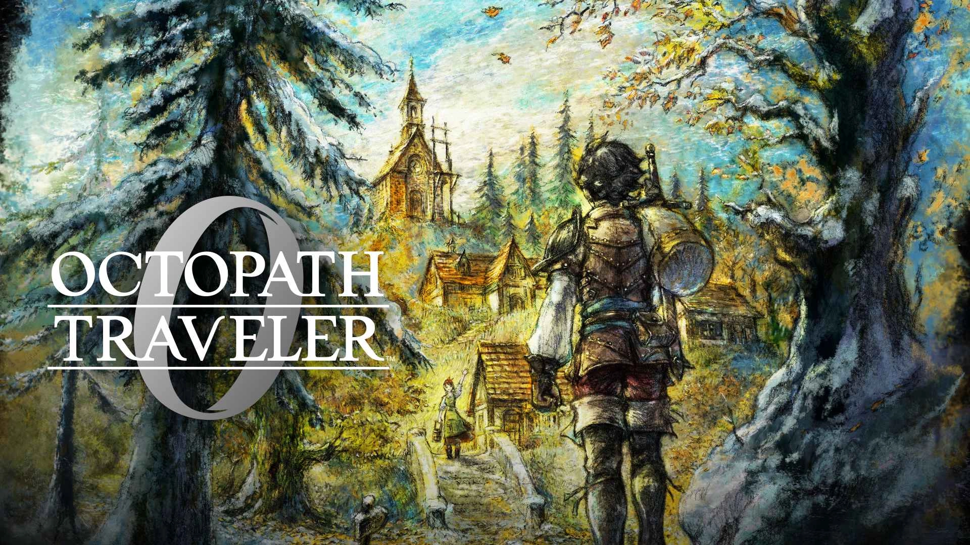 Octopath Traveler artwork featuring a character in a scenic forest, showcasing an artistic style and game environment.