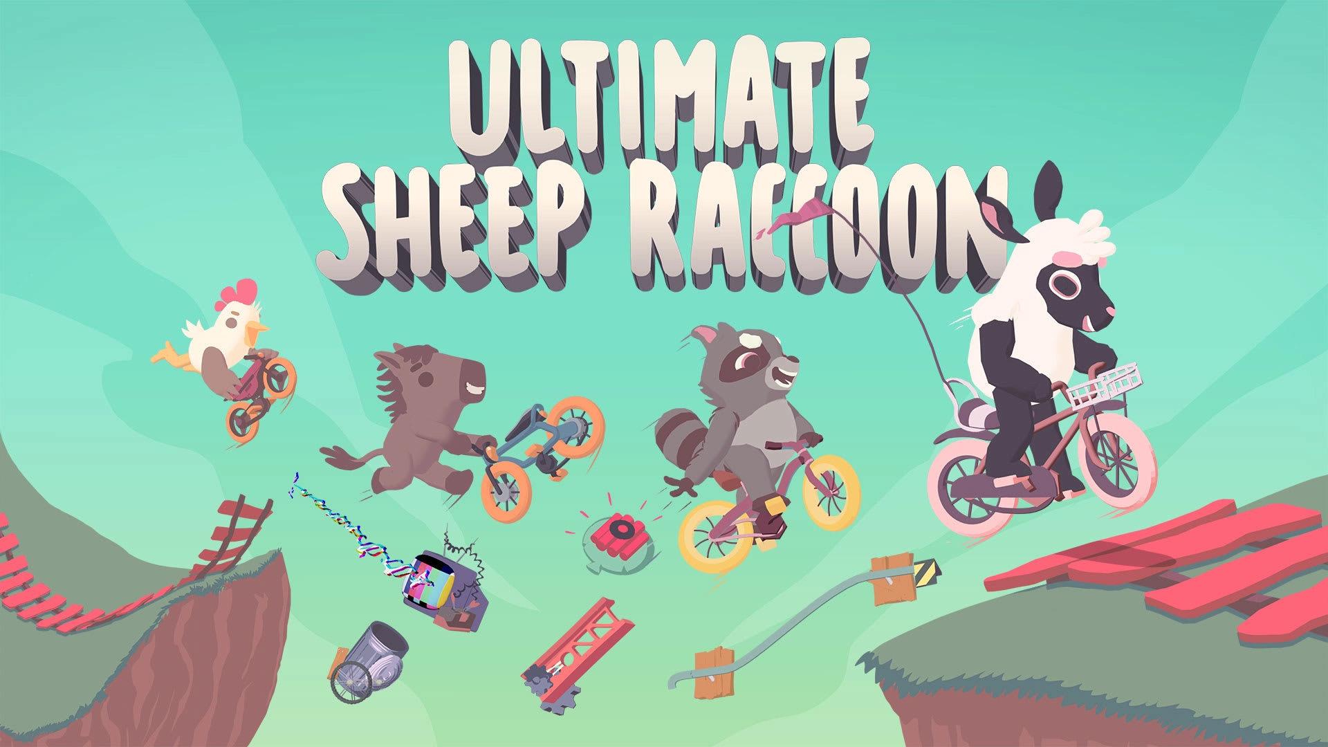 Ultimate Sheep Raccoon game cover featuring playful characters biking in a vibrant landscape for Nintendo Switch.