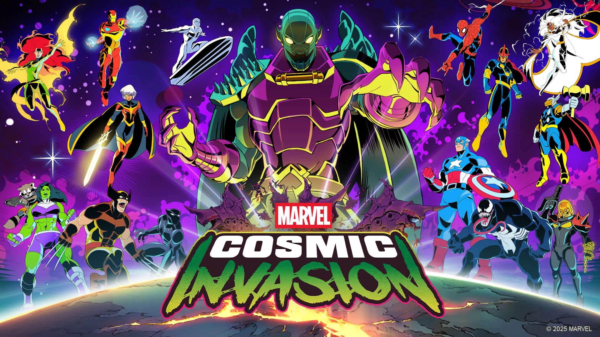 Marvel Cosmic Invasion game cover featuring vibrant heroes and villains in a cosmic battle on Nintendo Switch.