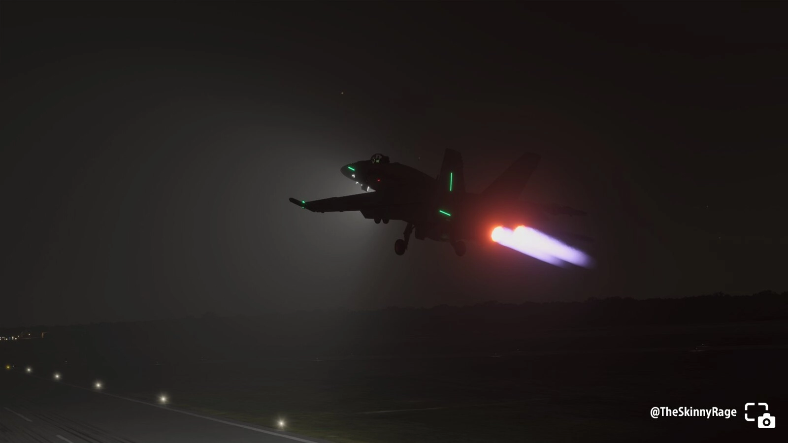 Alt text: Jet taking off at night with glowing afterburners, showcasing the immersive experience of Microsoft Flight Simul...