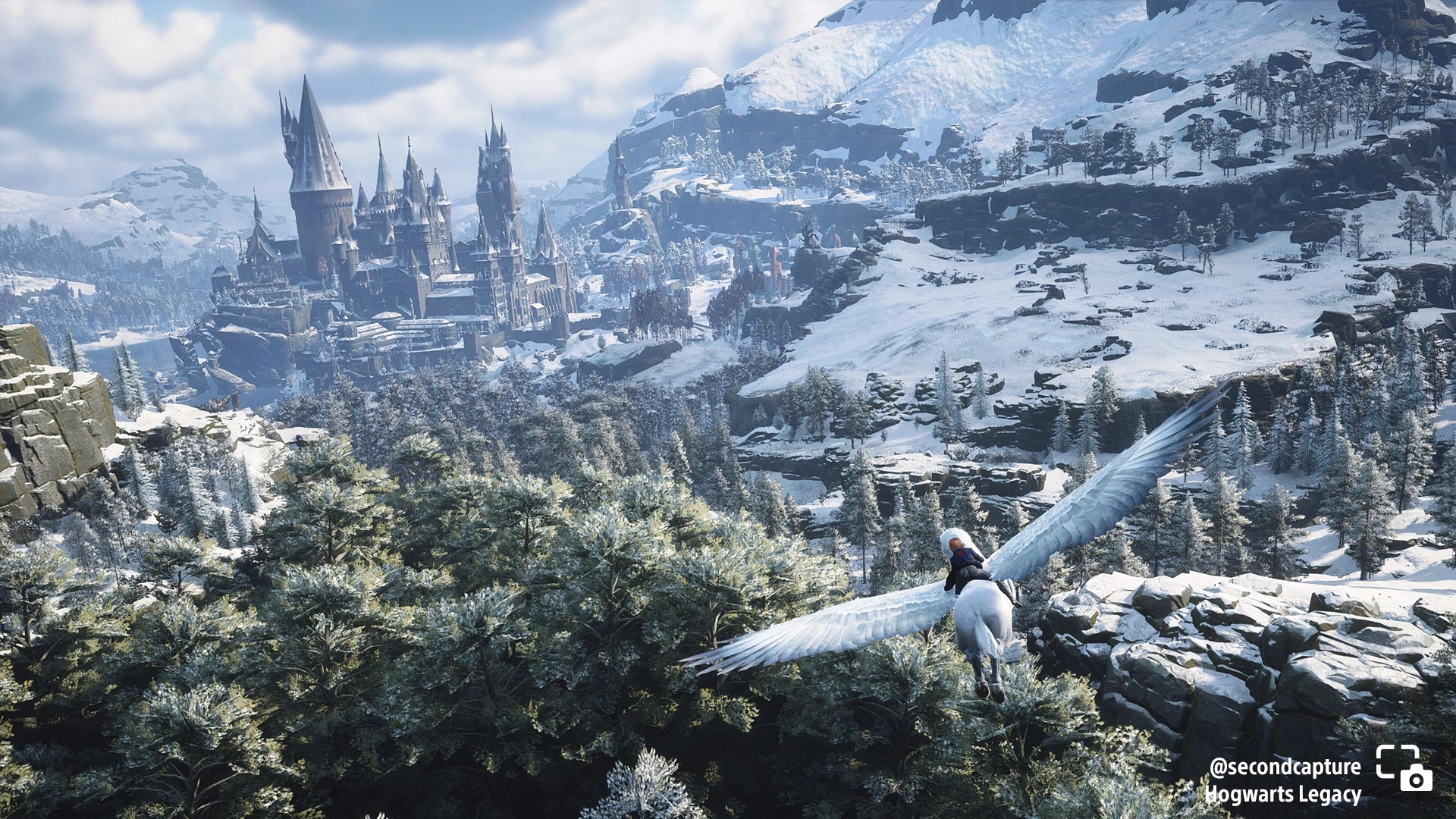 Hippogriff soaring over a snowy landscape in Hogwarts Legacy, showcasing the magical winter scenery. #PSshare #PSBlog