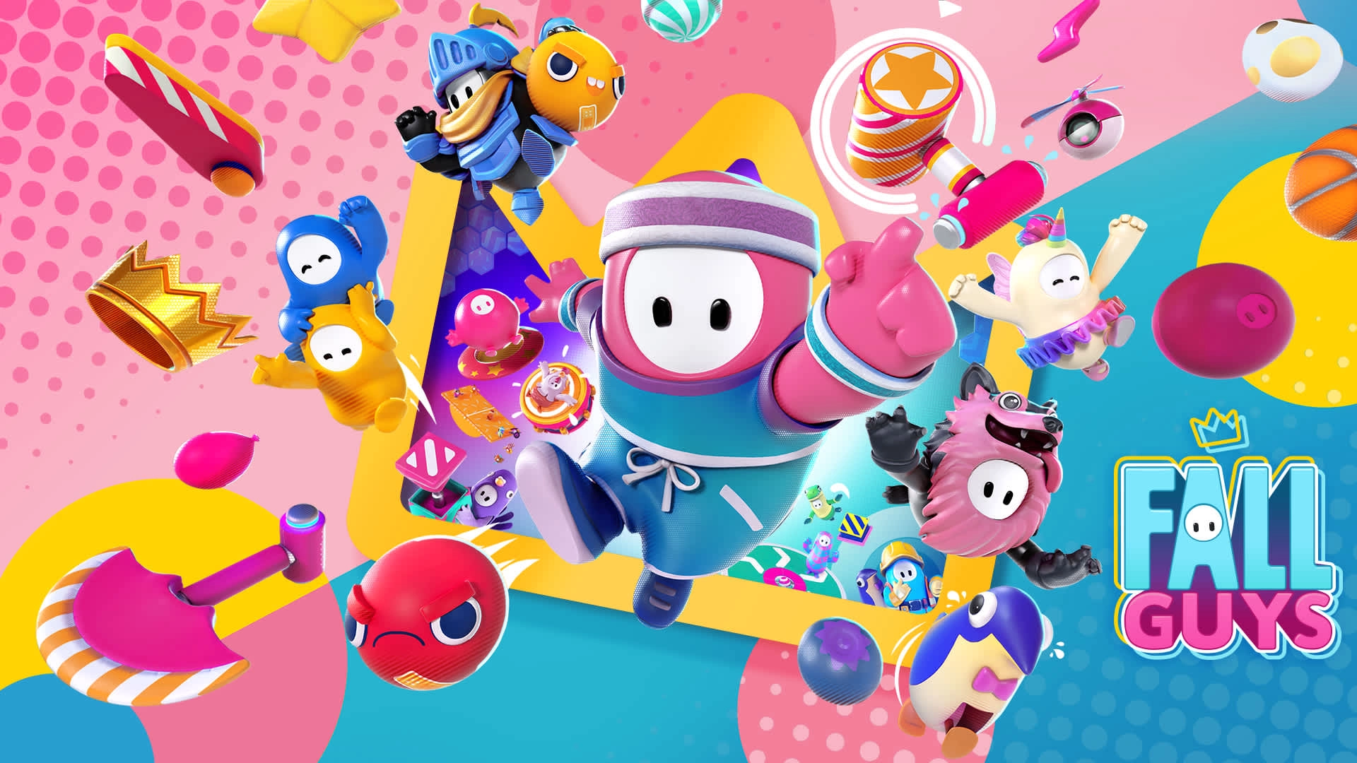 Colorful collage of characters from Fall Guys, showcasing free-to-play gaming fun on Nintendo Switch systems.
