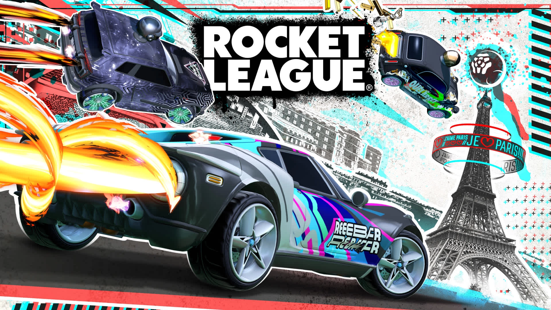 Exciting artwork featuring Rocket League cars in vibrant colors, promoting free games for Nintendo Switch systems.