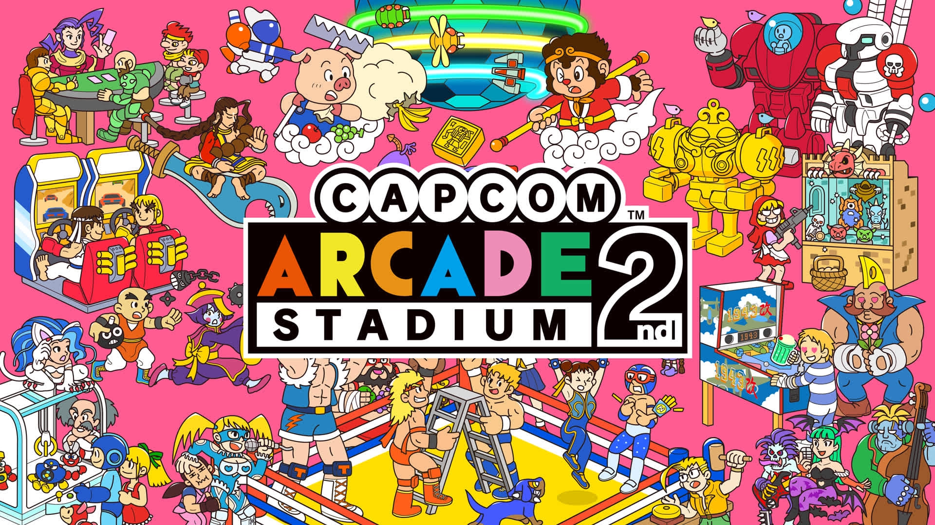 Colorful Capcom Arcade Stadium 2 artwork featuring classic characters and games, promoting free Nintendo Switch titles.