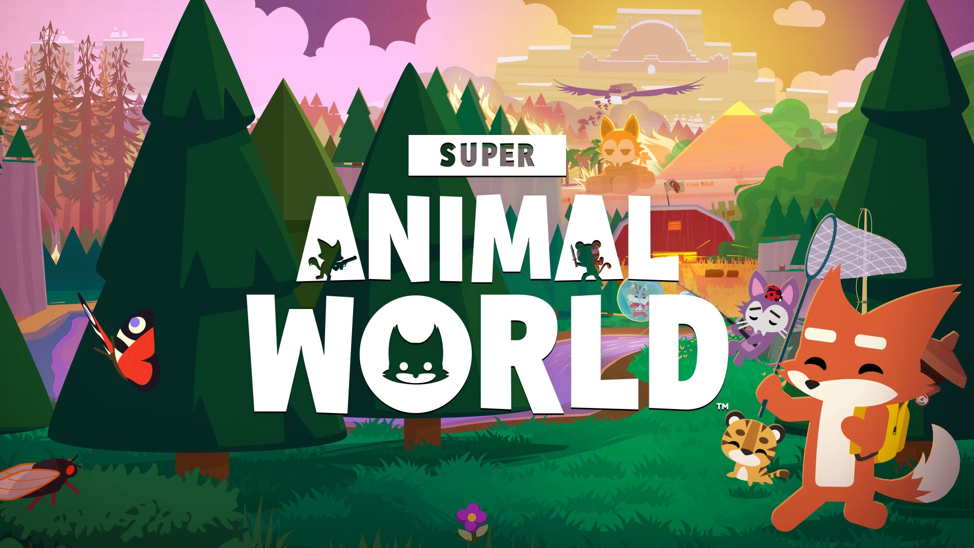 Colorful scene from Super Animal World, a free-to-play game on Nintendo Switch, featuring cute, animated animals in nature.